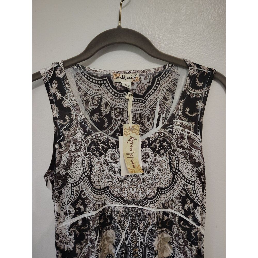 NEW World Unity XS Paisley Boho Midi Dress Studded Rhinestone Sleeveless Stretch - Picture 3 of 7